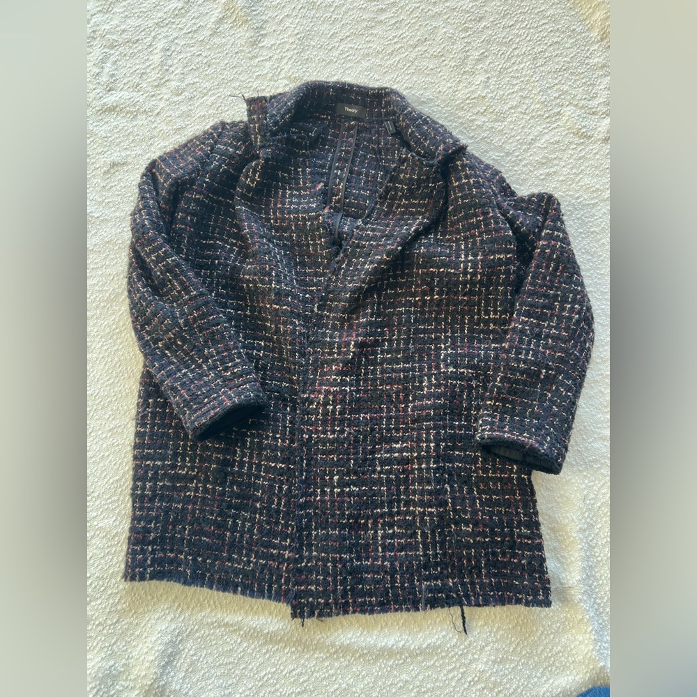 Theory Clairene RB Bouclé Tweed Coat - Multi-Color Blue/Red/Cream - Small